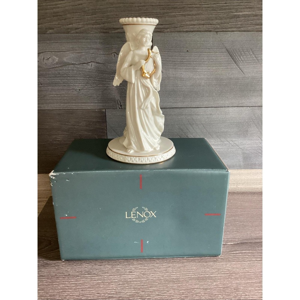 Lenox The Heavenly Angel Candlestick Holder, Angel With Harp, 7" Tall, 1995